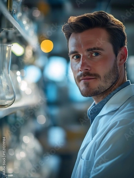 Fototapeta Male Scientist Conducting Innovative Chemistry Research in Modern Laboratory Environment