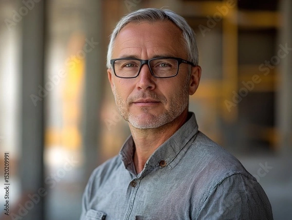 Fototapeta Portrait of Confident Professional Middle-Aged Man in Glasses with Stoic Expression and Friendly Demeanor in Urban Workplace Setting
