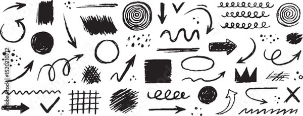 Fototapeta Line sketch star, text, arrow, heart decoration element icon set. Hand drawn sketch doodle cute star, emphasis, flower element. Pen line, brush, love text decoration shape icon. Hand drawn vector