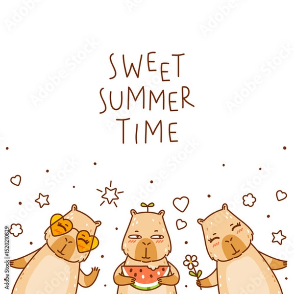 Obraz Cute сartoon capybaras with watermelon and sun glasses and flower isolated on white background - funny animals for Your happy summer greeting card design