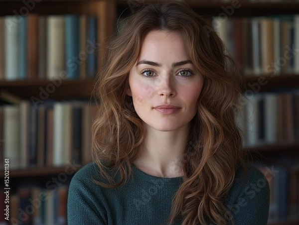 Fototapeta Portrait of a Thoughtful Young Adult Female in a Cozy Library. Engaging in Study and Education with Books