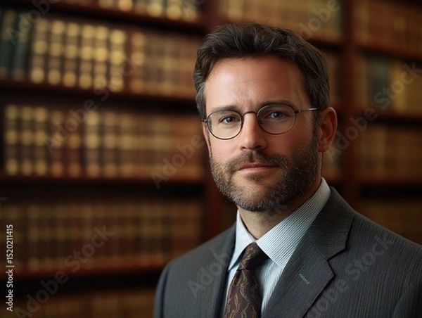 Fototapeta Successful Male Lawyer in Library Office. Confident Legal Professional in Suit Posing with Bookcase Backdrop - Emblem of Authority and Wisdom in Civil Law