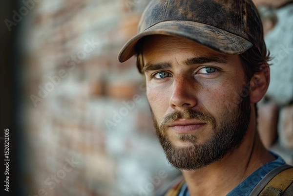 Fototapeta Rugged Beard and Burly Beauty. Industrial Setting Urban Portrait of a Handsome, Blue-Eyed, Working Man