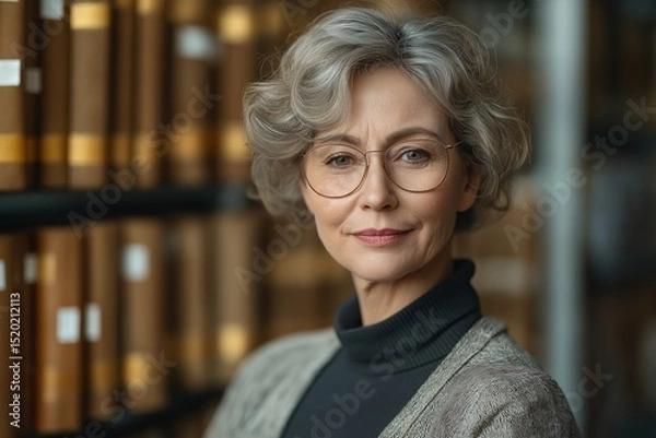 Fototapeta Elderly Woman in Stylish Glasses Presides Over Library in Thoughtful Portrait - Experience, Wisdom, and Academic Knowledge in a Serene, Warm, and Intellectual Ambiance