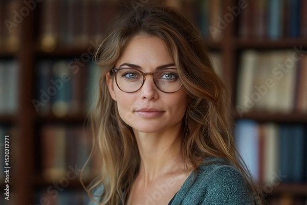 Fototapeta Young Intellectual Woman with Glasses in Modern Library. Embracing Knowledge and Confidence