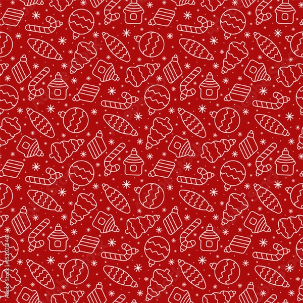 Obraz Small white different contour linear Christmas tree toys isolated on red background. Cute monochrome seamless pattern. Vector simple flat graphic illustration. Texture.
