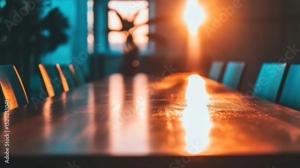Fototapeta Warm Sunset Light Illuminating Wooden Table in Modern Workspace