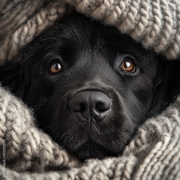Fototapeta Adorable Black Labrador Wrapped in Cozy Blanket. Captivating Close-Up of Snuggly Pet Indoors