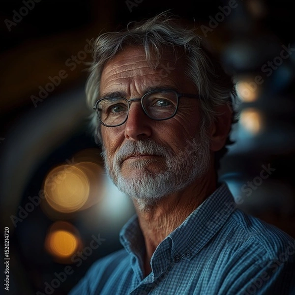 Fototapeta Introspective Portrait of a Senior Man with Gray Hair and Glasses in Blue Shirt - Aged Charm and Sophisticated Expression