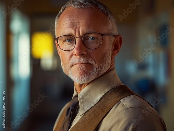 Fototapeta Intimate Portrait of a Mature Man in Vintage Fashion. A Thoughtful, Serious Expression Under Natural Light