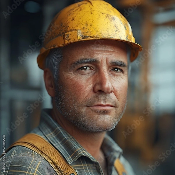 Fototapeta Construction Worker Portrait. Male Laborer with Hard Hat at Urban Construction Site, Skilled Trades and Occupational Safety Focus
