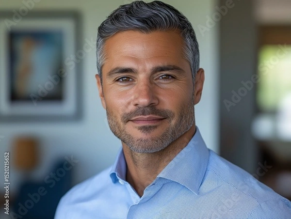Fototapeta Confident Middle-Aged Businessman Portrait in Modern Environment. Smiling Executive in Casual Attire with Gray Hair