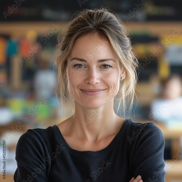 Fototapeta Cheerful Portrait of a Smiling Young Adult Woman in a Creative Workplace Setting with Natural Light and Warm Colors for a Confidence Boost and Positive Interaction