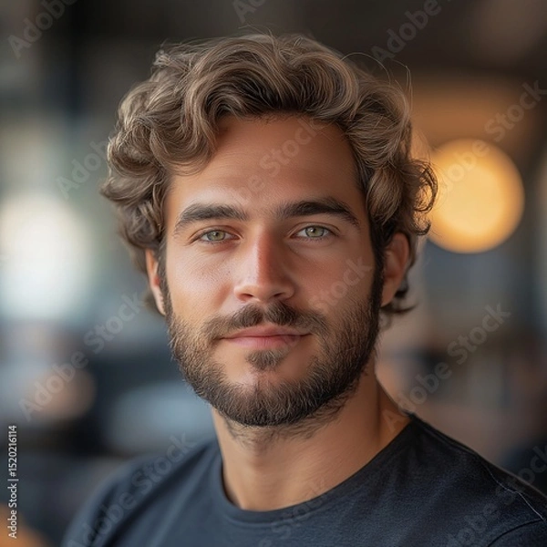 Fototapeta Confident Young Man with Beard in Casual Wear Smiling Indoors at Barbershop - Stylish Portrait with Warm Lighting and Bokeh Background