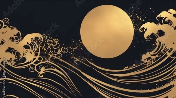 Obraz 満月と波の和柄背景