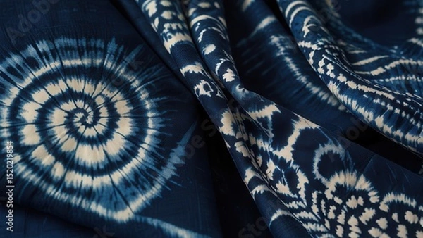 Fototapeta Handcrafted Indigo Shibori Fabric with Organic Tie-Dye Patterns

