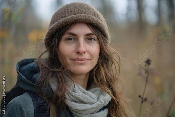 Fototapeta Happy Woman Enjoying an Autumn Hiking Adventure in Nature with Scenic Forest Backdrop