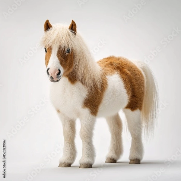 Fototapeta Charming Mini Horse Portrait. Cute White and Brown Pony with Fluffy Mane, Studio Isolated - Ideal Child-Friendly Pet, Companion, and Backyard Animal