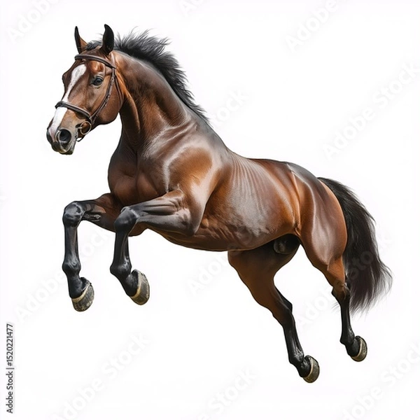 Fototapeta Stunning Brown Horse Leaping with Grace in Vibrant Grassland. Equestrian Photography Showcasing Power, Vitality, and Purebred Beauty