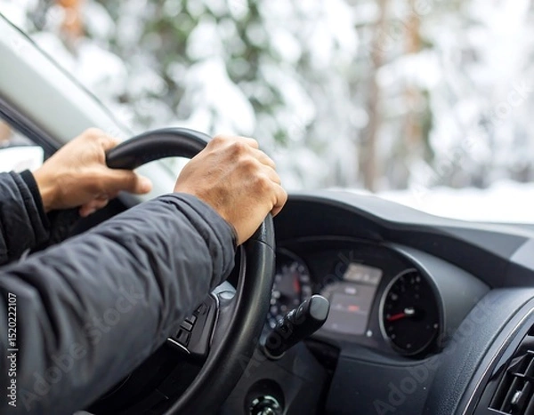 Obraz Hands on steering wheel in a snowy landscape