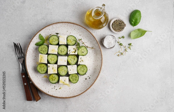 Obraz beautiful serving of cucumber and feta cheese salad. vegetarian cuisine. Healthy food. isolated on white background. top view