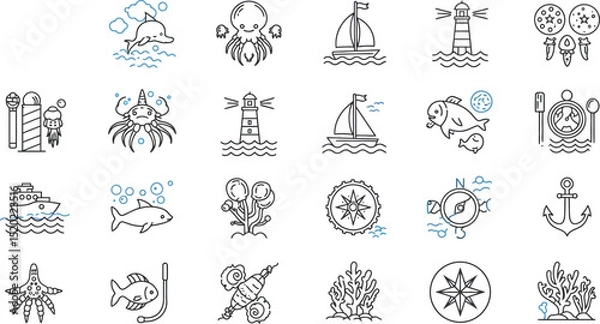 Obraz Marine Life, Nautical Elements line icon set. Vector pictograms of sea creatures, sailing, underwater exploration, sailboat, lighthouse, ship, anchor, compass, coral reef thin linear illustration.
