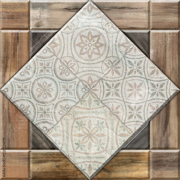 Fototapeta Grunge concrete wall with ornaments and prints. Colorful ceramic wall tiles decoration. Abstract damask patchwork background
