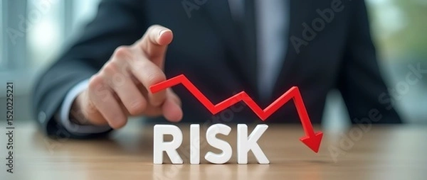Fototapeta Person Pointing Diminishing Arrow Over The Risk, businessman with down of 3D arrow risky graph. Finance portfolio strategy of investment with market analysis, sales profit and best capital management