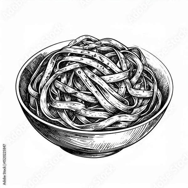 Obraz Black and White Illustration of Cooked Pasta in a Bowl