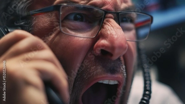 Obraz Stock Market Crash Intense man shouting on the phone, conveying strong emotions in a high-stress environment.