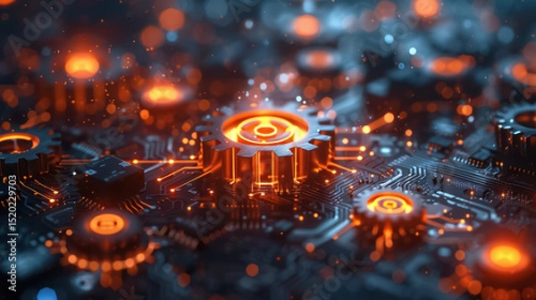 Fototapeta interconnected gears and circuitry symbolizing synergy between technology and business processes