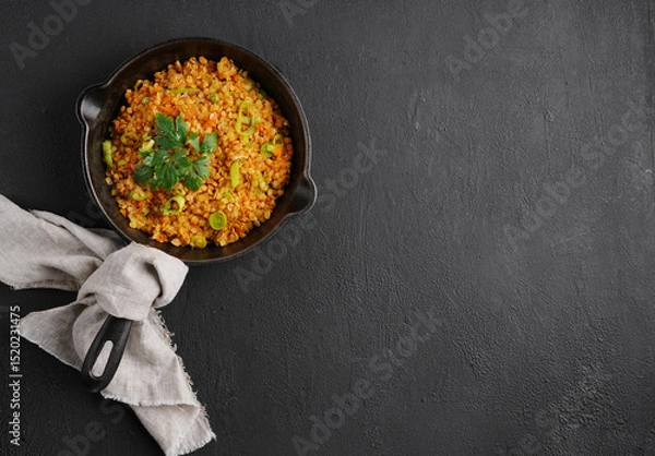 Obraz Black pan with dish from red lentil with leek on black background. Vegan cuisine. top view , copy space