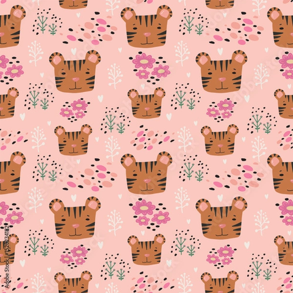 Obraz Cute tiger seamless pattern hand drawn cute kids background colorful pallete