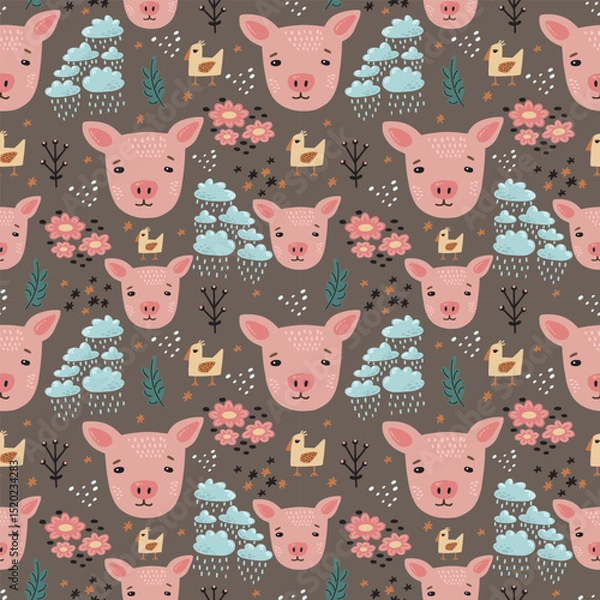 Obraz Cute pig seamless pattern hand drawn cute kids background colorful pallete