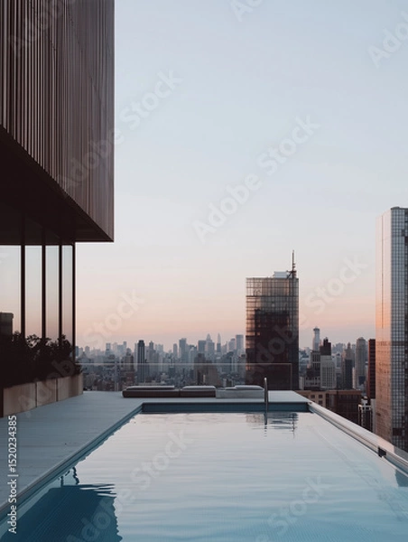 Fototapeta Minimalist Luxury Rooftop Infinity Pool with Clean Geometric Design, 1970s Modernist Architecture