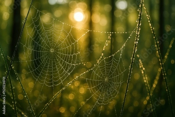 Fototapeta Morning dew on spider web in sunlit forest - nature's intricate patterns