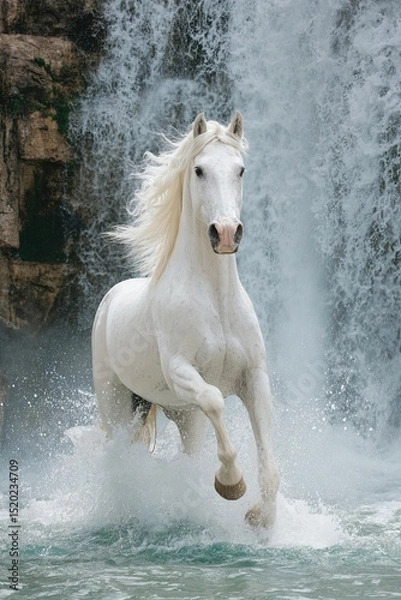 Obraz White horse running through water at base of waterfall with splashing drops in powerful natural scenery