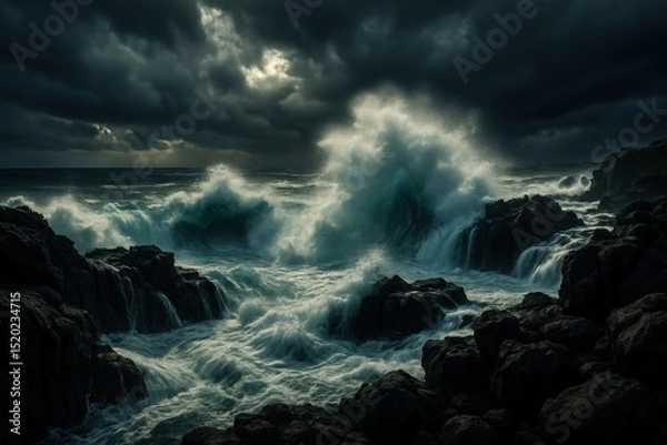Fototapeta Dramatic stormy seascape with dark clouds and crashing waves