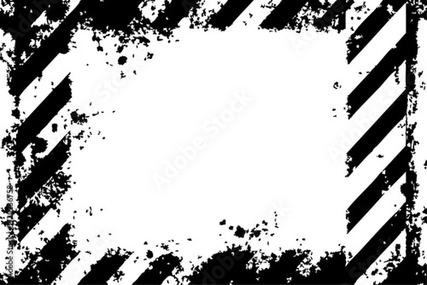 Fototapeta Monochrome vector grunge frame. Black and white diagonal hazard stripes with distressed textures and splatter, creating an edgy industrial border design.