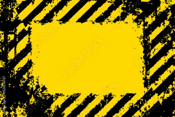 Fototapeta Grungy vector hazard background. Yellow and black diagonal warning stripes frame a textured central area, creating an edgy, industrial design element.