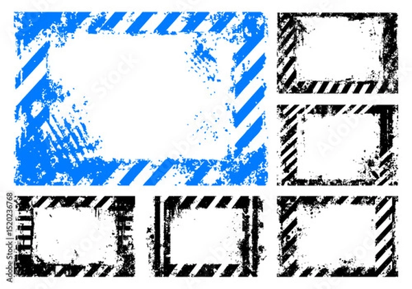 Fototapeta Vector set of grunge hazard frames. Blue and white diagonal warning stripes with distressed textures, creating edgy industrial borders and backgrounds.