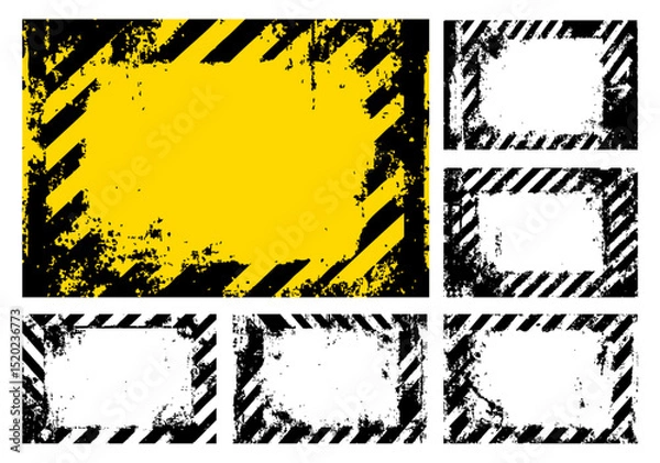 Fototapeta Vector set of grunge hazard frames. Yellow and black diagonal warning stripes with distressed textures, creating edgy industrial borders and backgrounds.