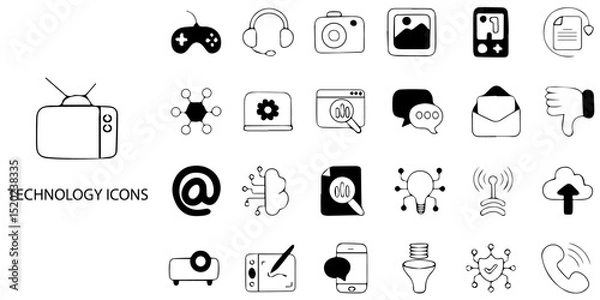 Obraz Technology simple concept 24 hand drawn Black and White icons set .Vector illustration.
