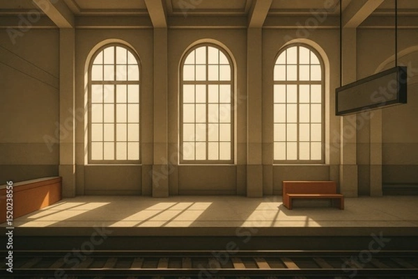 Fototapeta Serene train station with geometric design and soft lighting for artistic composition