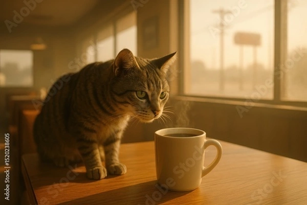 Fototapeta Cat enjoys serene morning coffee in cozy sunlit cafe setting