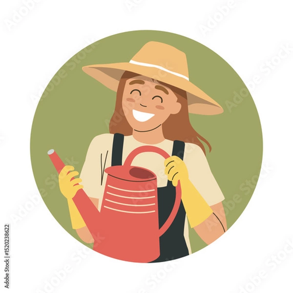 Obraz Smiling woman gardener in straw hat with red watering can. Cute female character in overalls and gloves enjoying gardening. Colorful illustration for eco lifestyle, farming, horticulture or spring-the