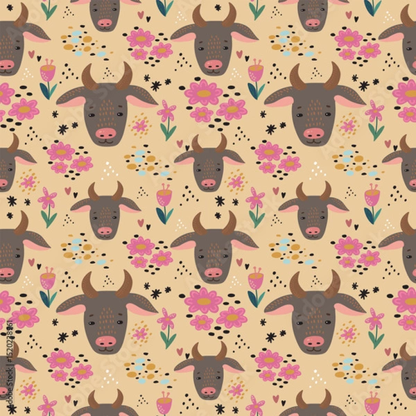 Obraz Cute Cow seamless pattern hand drawn cute kids background colorful pallete
