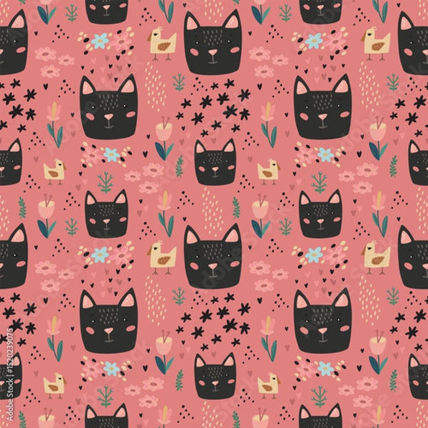 Obraz Cute cat seamless pattern hand drawn cute kids background colorful pallete