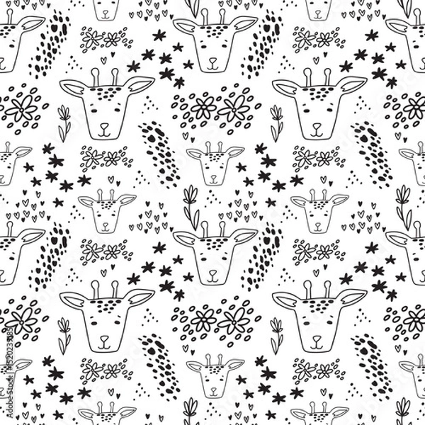 Obraz Cute doodle giraffe seamless pattern hand drawn cute kids background black and white