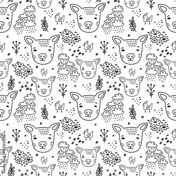 Obraz Cute doodle pig seamless pattern hand drawn cute kids background black and white